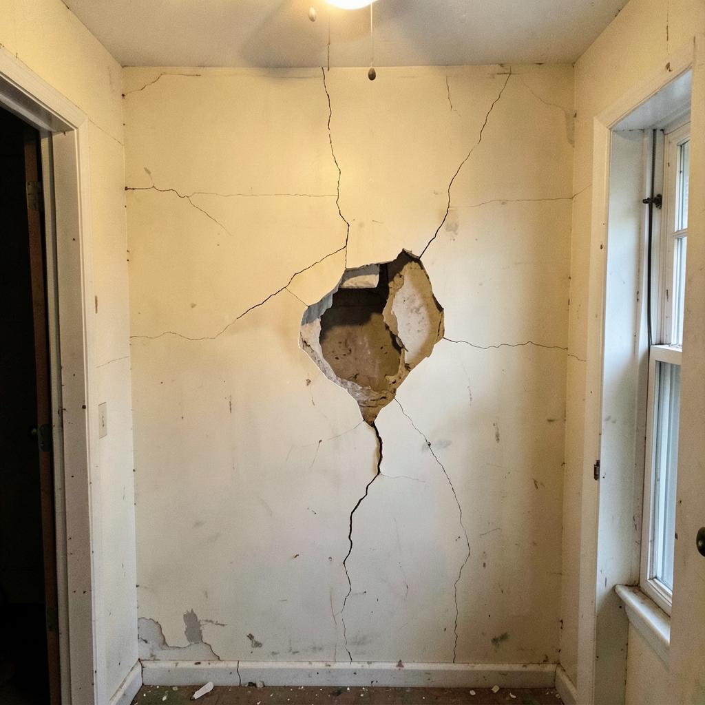 Example of a cracked, holed drywall wall before repair
