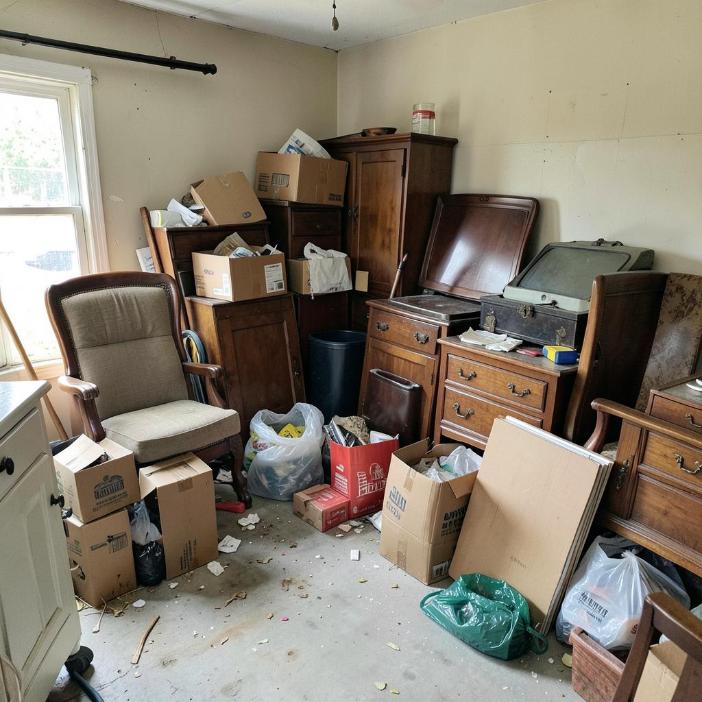 Example of a cluttered garage before a junk removal cleanout